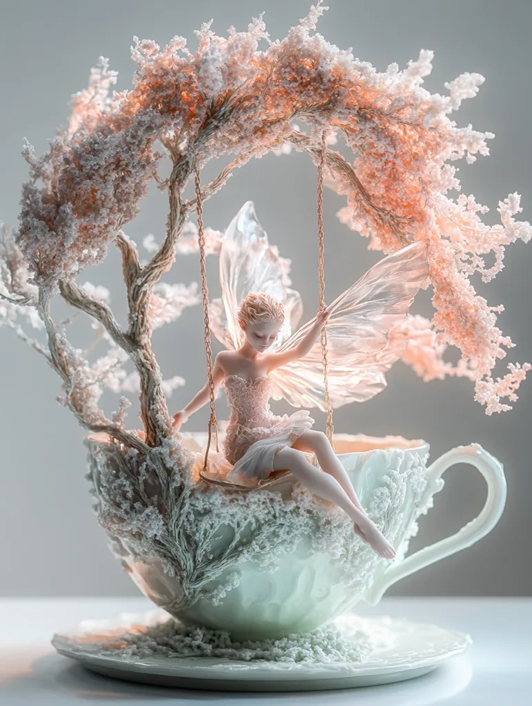 A delicate porcelain fairy, adorned in a lace gown, sits on a swing crafted from miniature trees, nestled within an oversized teacup. The whimsical scene is enhanced by a soft, pastel color palette and intricate detailing, creating a magical and ethereal atmosphere. The fairy's translucent wings and the delicate branches add to the overall sense of wonder. The entire piece is a breathtaking example of artistic skill and miniature craftsmanship.