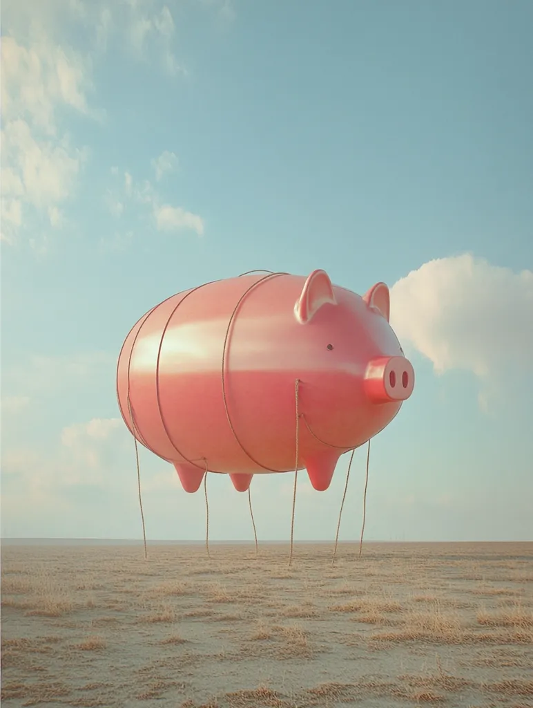 A large, inflatable pink pig floats above a desolate, sandy landscape under a pale blue sky.  The pig is tethered to the ground with thin ropes.  The scene evokes a surreal and dreamlike quality, with soft lighting and muted colors. The pig's design is simplistic, almost cartoonish.