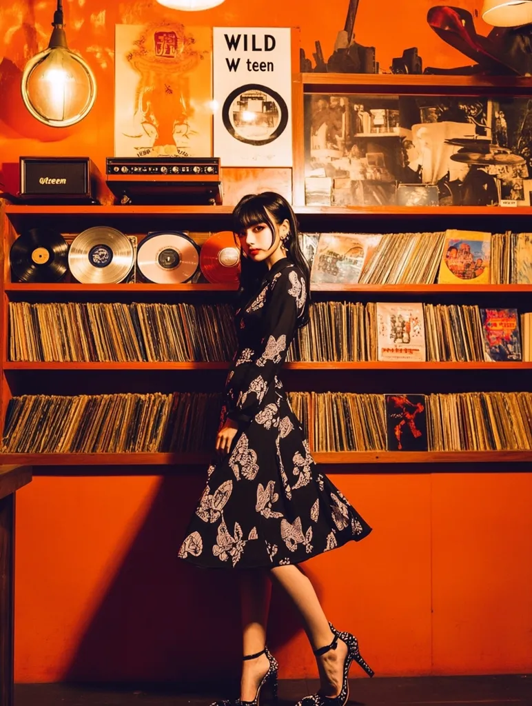 A young woman in a black and white floral dress stands in front of a vibrant orange wall lined with shelves overflowing with vinyl records.  The room has a retro feel, enhanced by vintage posters and lighting. She wears stylish high heels and her dark hair is styled with bangs. The overall aesthetic is a blend of vintage and modern fashion.