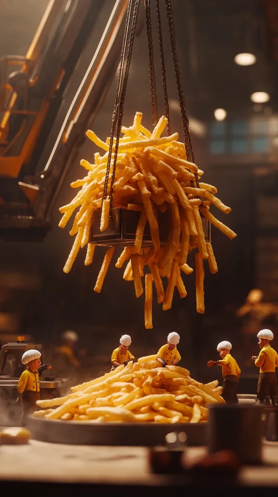 A large crate of golden french fries hangs suspended from a crane in a dimly lit industrial setting.  Miniature figures dressed as chefs work diligently around a massive pile of fries on a nearby table, creating a whimsical, large-scale contrast. The scene is dramatic and playful, with steam subtly rising from the fries.