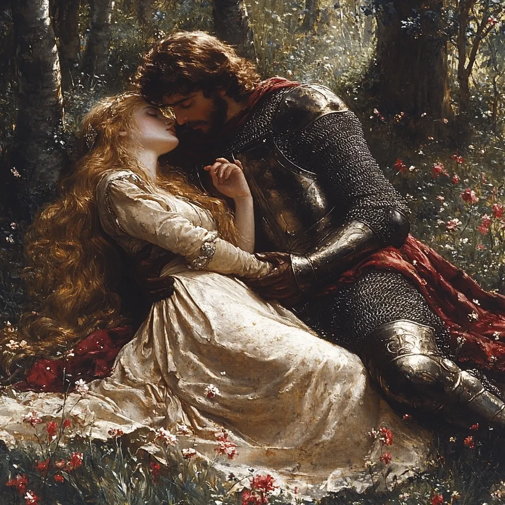 A romantic painting depicts a knight in chainmail armor embracing a fair maiden in a flowing gown.  They share a tender kiss amidst a sun-dappled woodland clearing, wildflowers blooming around them.  The woman's long, golden hair cascades around her, contrasting with the knight's dark, bearded face.  The scene evokes a sense of medieval romance and idyllic serenity.
