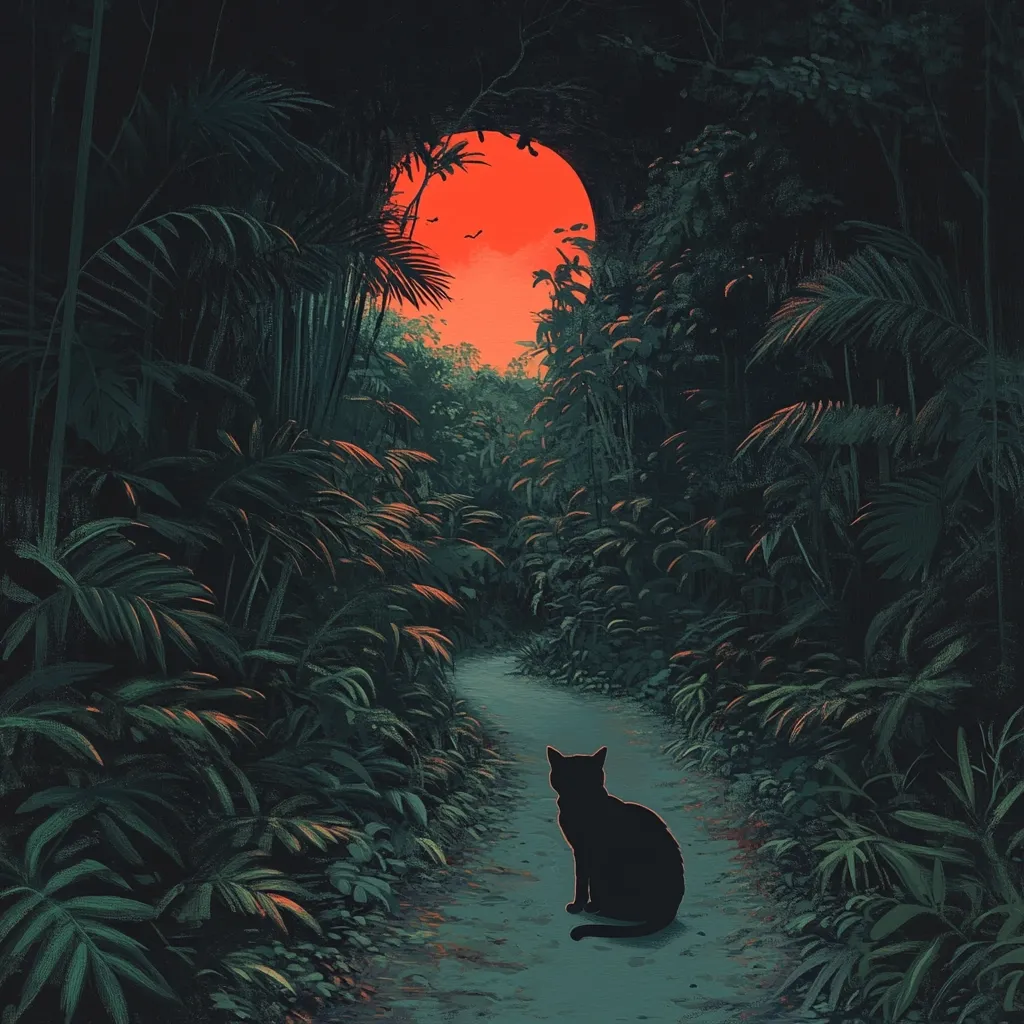 A black cat sits on a path winding through a lush, dark green jungle.  A large, vibrant red sun sets in the distance, visible through a natural archway in the foliage. The scene is evocative of mystery and tranquility, with a moody, almost surreal atmosphere.  The cat's silhouette contrasts sharply against the path, creating a focal point within the dense vegetation.