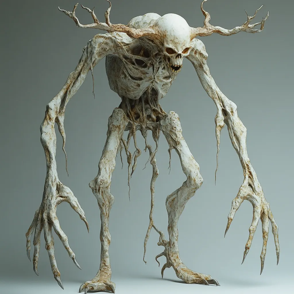 A horrifying creature, seemingly a grotesque amalgamation of bone, wood, and decaying flesh, stands against a muted background.  Its skeletal frame is intertwined with root-like structures, and antler-like growths sprout from its skull-like head.  Long, clawed fingers and feet complete the unsettling, nightmarish image. The creature's posture suggests aggression and menace.