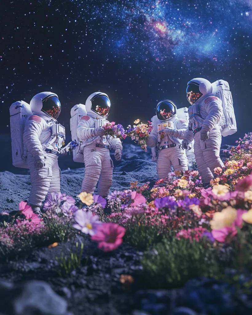 Four astronauts, clad in pristine white spacesuits emblazoned with American flags, stand amidst a vibrant field of colorful flowers on a lunar landscape.  The backdrop is a breathtaking expanse of stars and a nebula, creating a surreal and dreamlike scene.  The astronauts appear to be exchanging bouquets, fostering a sense of tranquility and wonder in this extraterrestrial garden.