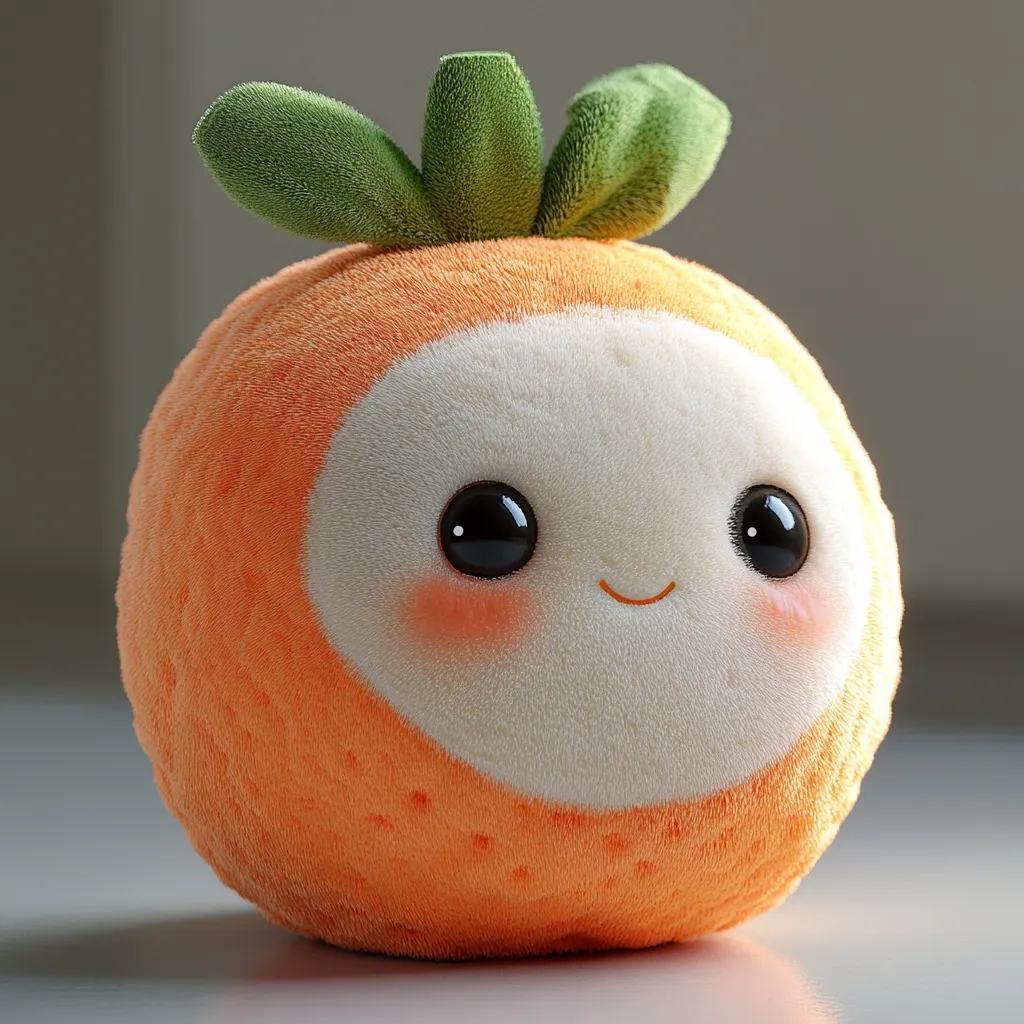 A plush toy resembling a cute, orange fruit with a small, happy face.  It has large, dark eyes, rosy cheeks, and a subtle smile.  Atop its fuzzy orange body sits a small, green leafy crown. The overall texture appears soft and cuddly, giving it a charming, childlike appeal.