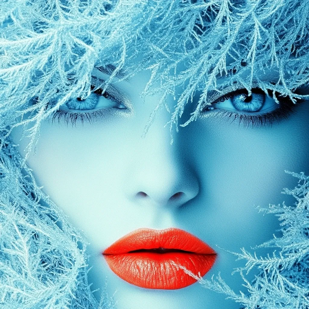 A close-up of a woman's face, partially obscured by icy blue foliage. Her striking blue eyes and bright orange lipstick contrast sharply with the cool tones of the surrounding frost. The image evokes a sense of winter magic and ethereal beauty, with a focus on the model's flawless complexion and intense gaze. The overall effect is captivating and visually stunning.