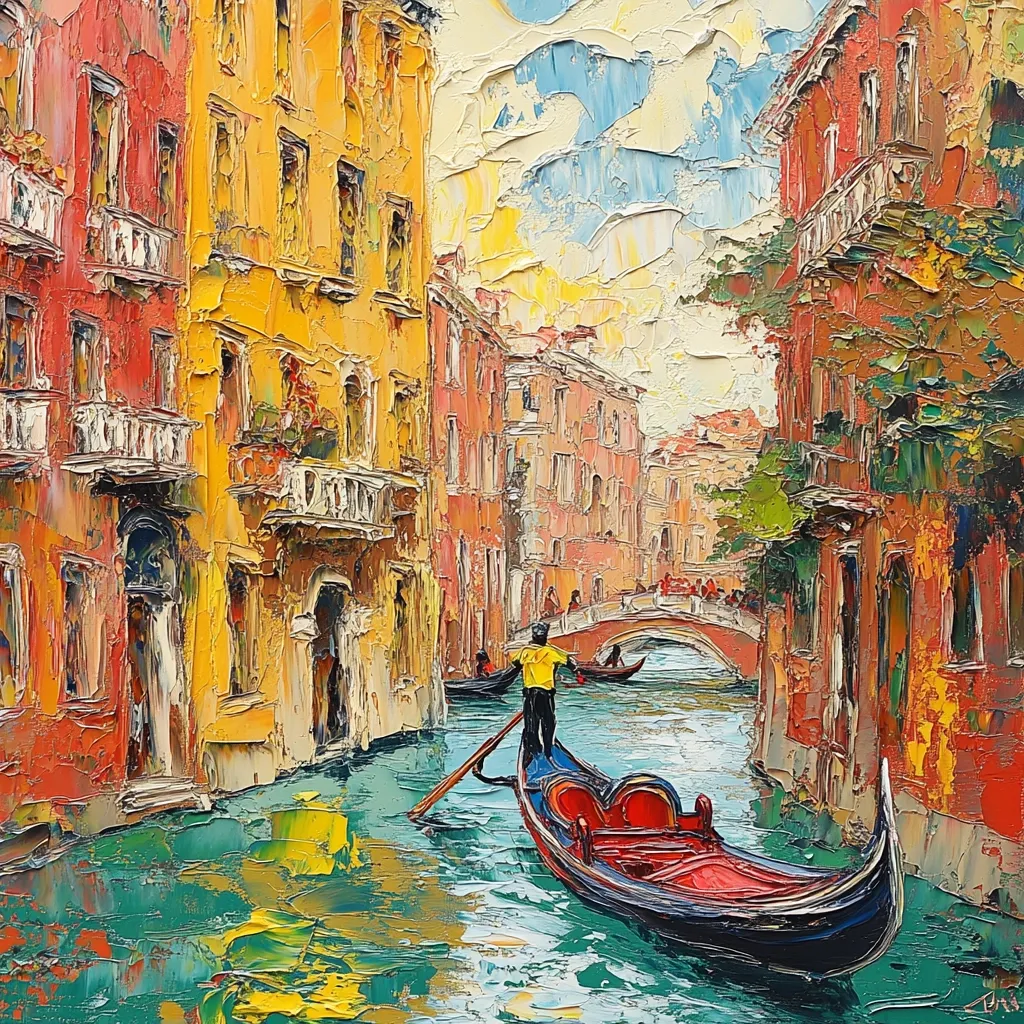 A vibrant impasto painting depicts a gondola gliding through a picturesque Venetian canal.  The buildings lining the waterway are rendered in warm yellows, oranges, and reds, their textures emphasized by thick paint application. A gondolier in a yellow shirt guides the boat, while other gondolas and pedestrians are visible in the distance. The sky above is a blend of blues and yellows, suggesting a sunny day.  The overall effect is one of lively color and movement.
