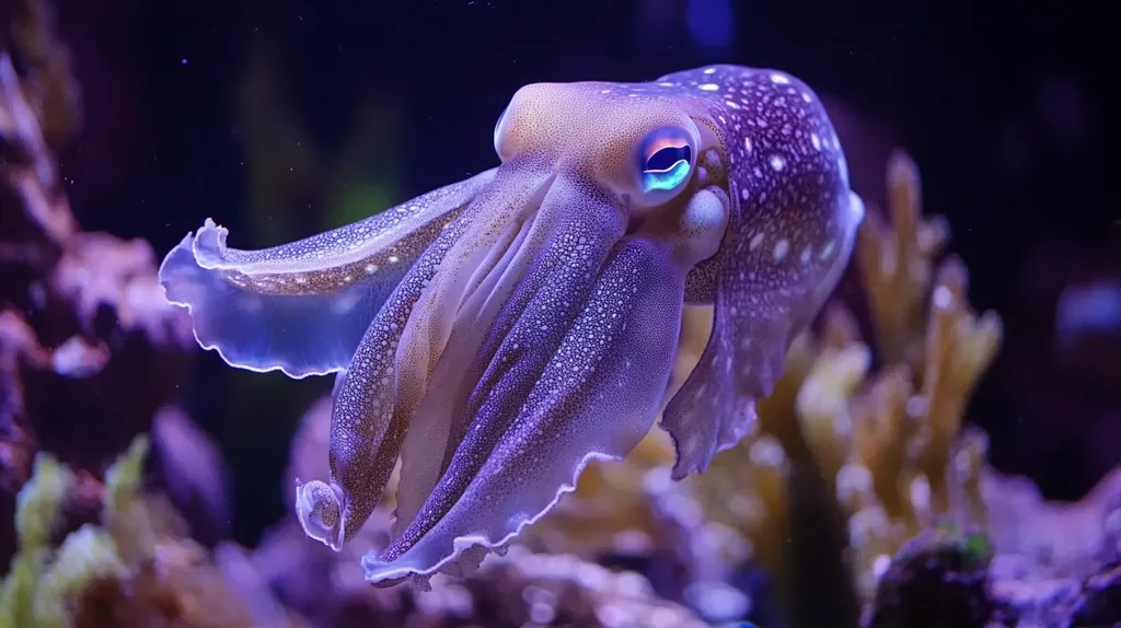 A flamboyant cuttlefish, adorned in shimmering purple and white, gracefully glides through a vibrant underwater scene.  Its large, expressive eyes and delicate fins are highlighted against the backdrop of colorful coral and a softly lit aquarium environment. The creature's intricate skin texture and elegant form are captured in exquisite detail.