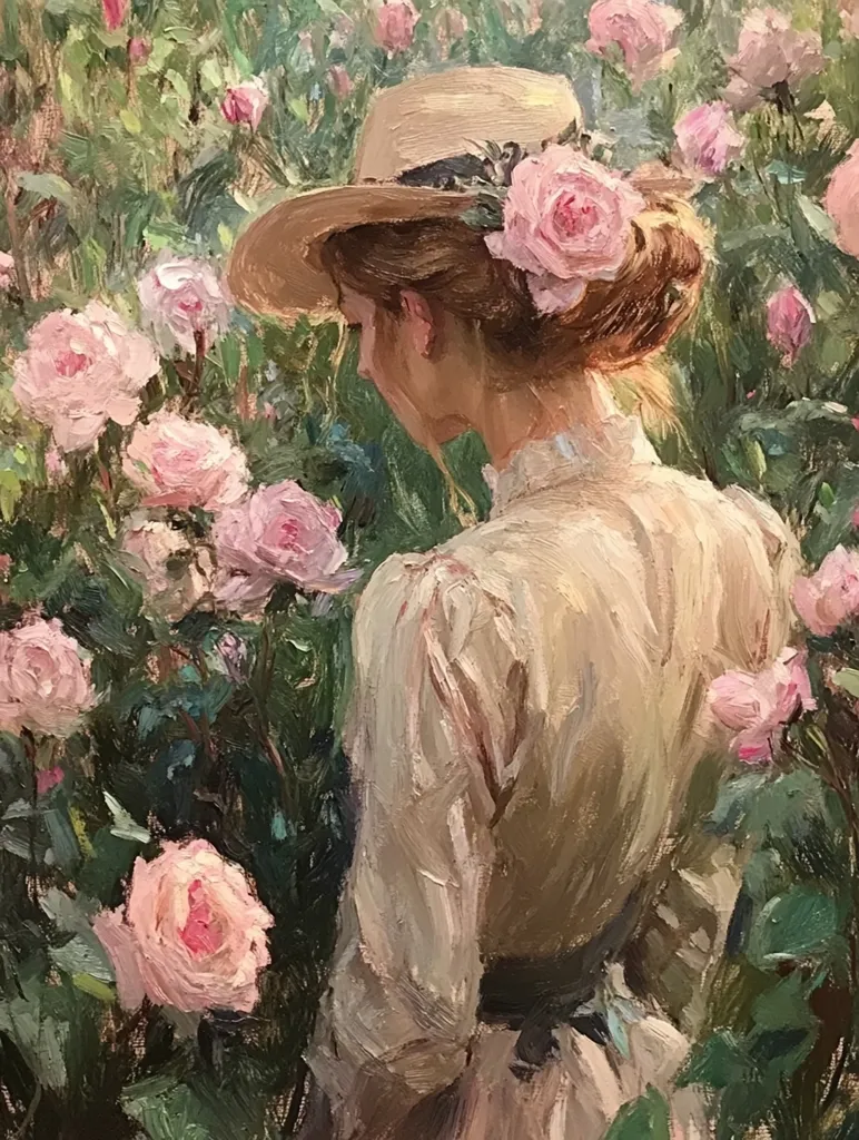 A woman in a straw hat adorned with roses stands amidst a lush rose garden.  Her back is to the viewer, showcasing her light-colored dress. The painting's style is impressionistic, with visible brushstrokes creating a textured effect. Soft, pastel shades of pink dominate the roses, contrasting with the muted tones of the woman's attire.  The overall atmosphere is serene and romantic.