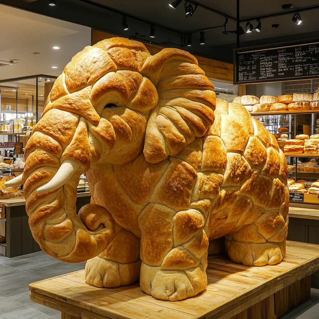 A large, intricately sculpted elephant crafted entirely from bread sits on a wooden display in a bakery.  The elephant's body is composed of numerous individual bread rolls, creating a textured, golden-brown surface.  Surrounding shelves display a variety of baked goods, creating a visually appealing and appetizing scene. The elephant is a striking centerpiece, showcasing the baker's artistry.