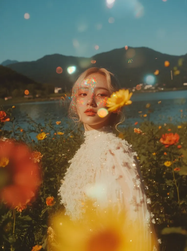 A young woman with iridescent makeup stands in a field of flowers.  She wears a sparkling white dress and is partially obscured by a dreamy, sun-drenched filter.  The background features a calm lake and mountains under a clear sky. The overall aesthetic is ethereal and romantic, suggestive of a fairy tale or whimsical dream.  Bokeh effects add to the magical atmosphere.