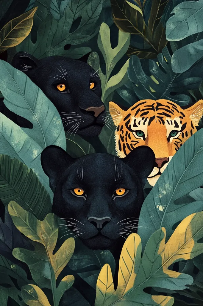 A captivating illustration showcases two black panthers and a tiger subtly hidden amidst lush, tropical foliage.  The animals' intense gazes peek from behind large, vibrant green leaves, creating a sense of mystery and intrigue. The detailed rendering of both the animals and the leaves contributes to the artwork's rich, jungle-like atmosphere.