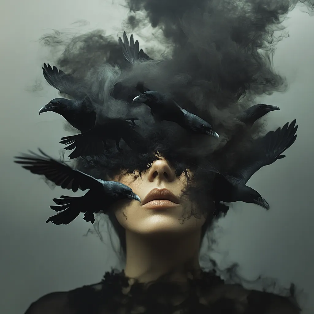 A surreal portrait of a woman whose face is obscured by a swirling mass of dark smoke and crows. The birds appear to emerge from her head, their wings spread in a chaotic yet balanced composition. The overall mood is dark, mysterious, and slightly ominous, evoking themes of hidden emotions or inner turmoil. The contrast between the woman's serene expression and the turbulent imagery creates a visually striking and thought-provoking piece.