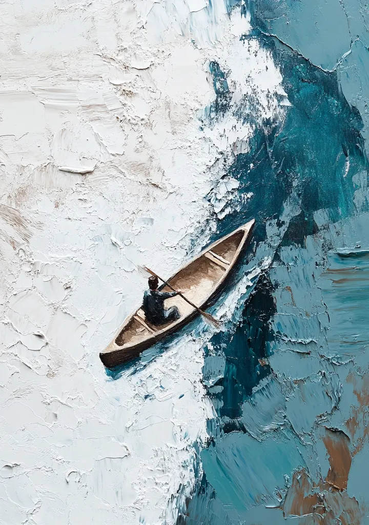 A lone figure rows a small, light-brown canoe across a starkly divided body of water. The left side is rendered in calming whites and creams, while the right plunges into deep teal and blue.  The impasto technique creates a textured, almost three-dimensional effect, emphasizing the contrast between the tranquil and the turbulent waters.  The scene evokes a sense of journey and the unknown.