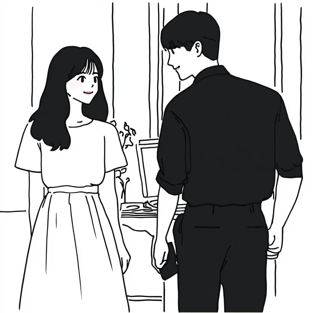 A black and white illustration depicts a young couple. The woman, wearing a simple dress, smiles sweetly at the man, who is dressed in a dark shirt and trousers.  They stand near a partially visible piece of furniture, possibly a table or dresser, in a room with a patterned background.  The style is minimalist and romantic, emphasizing the connection between the two figures.