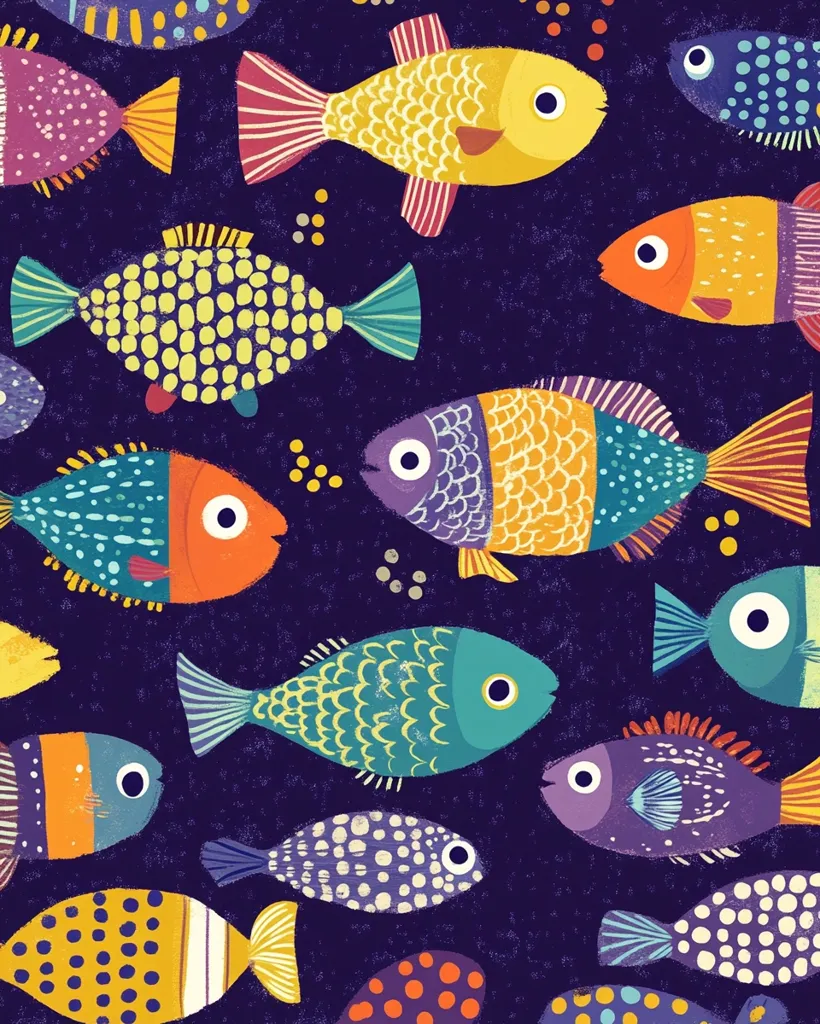 A vibrant illustration showcases a multitude of colorful fish against a dark purple background.  Each fish is uniquely patterned with dots, stripes, and various shades, creating a playful and whimsical underwater scene. The fish are depicted in a variety of sizes and orientations, swimming freely across the image. The style is reminiscent of children's book illustrations, with a cheerful and imaginative feel.