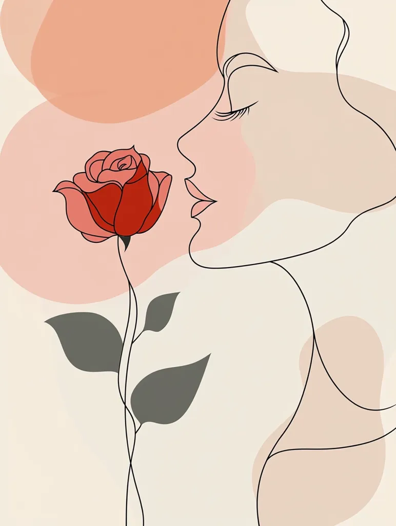 A minimalist line art illustration depicts a woman's profile gently inhaling the scent of a single red rose.  The artwork is characterized by soft, muted peach and beige color palettes, employing abstract shapes in the background.  The woman's face is delicately rendered, her eyes closed in peaceful enjoyment of the rose's fragrance. The style is simple yet elegant, suggesting a sense of serenity and beauty.