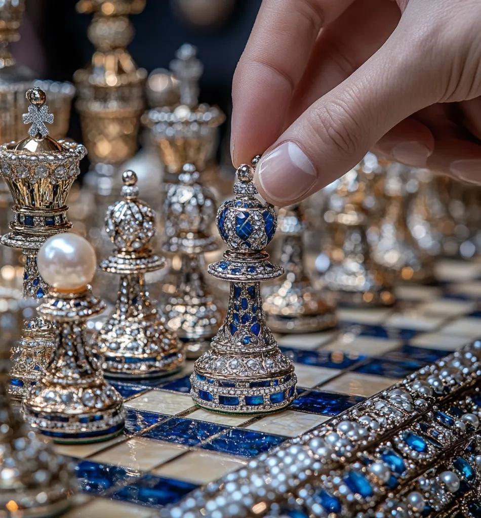 A hand delicately moves a jeweled chess piece on a luxurious board. The chess set is adorned with pearls, diamonds, and sapphires, showcasing intricate craftsmanship.  Gold and blue hues dominate the design, creating a striking contrast. The scene exudes opulence and sophistication, highlighting the artistry of the chess pieces and the board's exquisite detail.