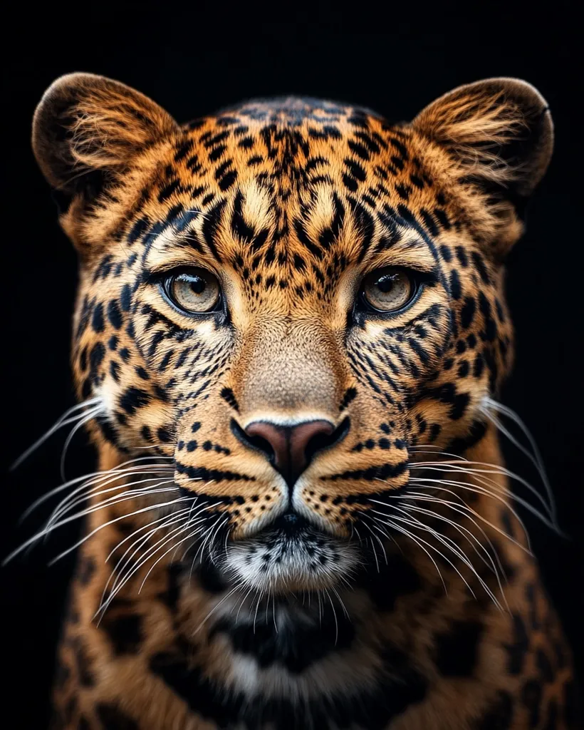 A close-up portrait of a leopard against a black background.  Its intense gaze is captivating, highlighting the intricate details of its spotted coat and expressive eyes.  The sharp focus draws attention to the animal's powerful features and delicate whiskers, showcasing its wild beauty and strength.  The dark background enhances the contrast and emphasizes the leopard's inherent majesty.