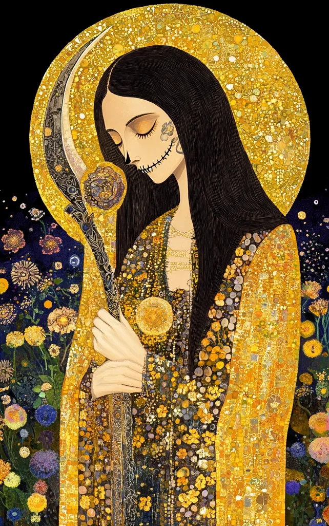 A digital painting in the style of Gustav Klimt depicts a woman with dark hair and Sugar Skull makeup. She holds a scythe-like object and is adorned in a golden, mosaic-like robe, embellished with floral motifs. The background features a dark, starry sky with colorful flowers, creating a mystical and ethereal atmosphere. The overall aesthetic blends elements of art nouveau and Day of the Dead traditions.