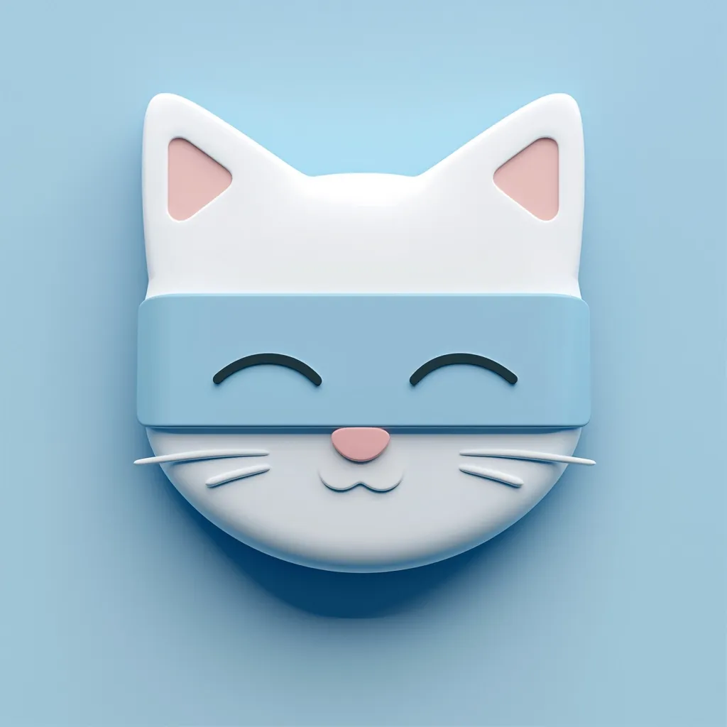 A charming 3D rendering of a stylized cat's face.  The cat is white with light pink ears and a light blue sleep mask covering its eyes.  It has a simple, smiling expression. The background is a solid light blue, providing a clean and minimalist aesthetic. The overall style is cute and playful.