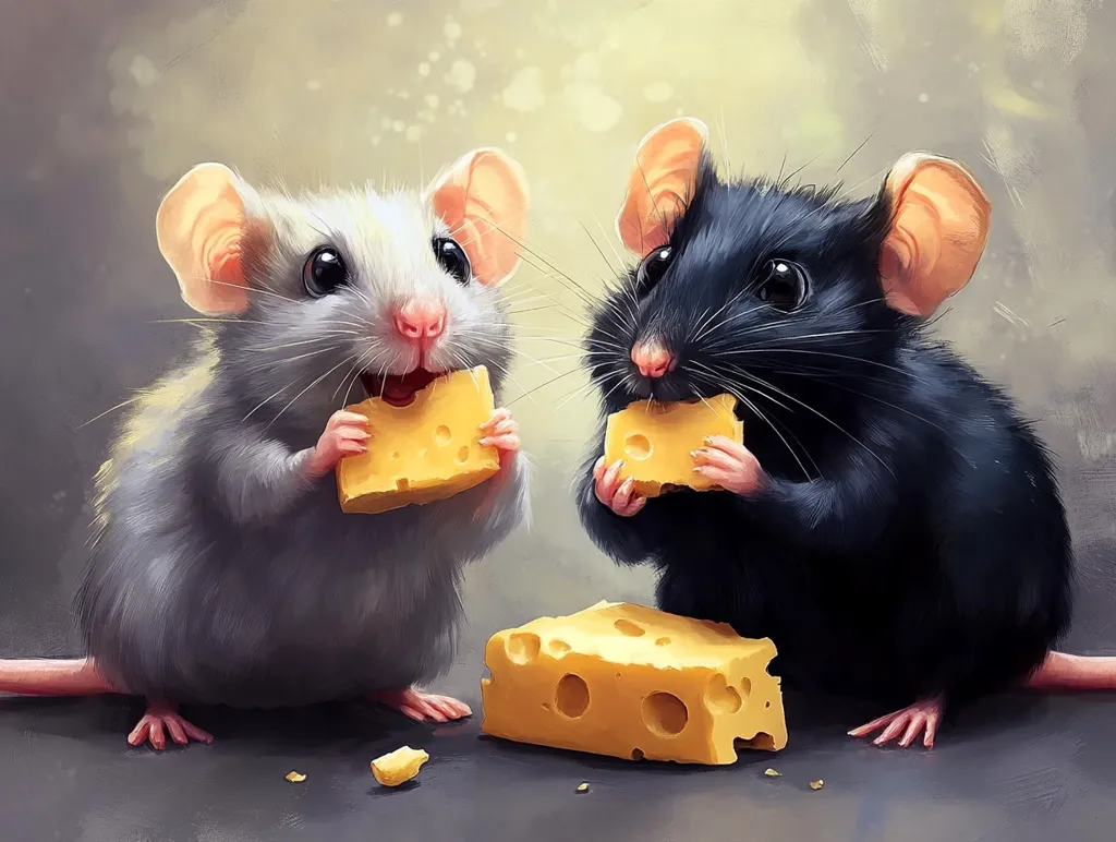 A charming painting depicts two adorable mice enjoying a delectable cheese feast.  One mouse is gray, the other black, both with large ears and expressive eyes. They hold pieces of yellow cheese, their tiny paws delicately gripping the tasty treat. A larger chunk of cheese sits between them, adding to the cheerful scene. The painting's soft focus and warm tones create a cozy and inviting atmosphere.