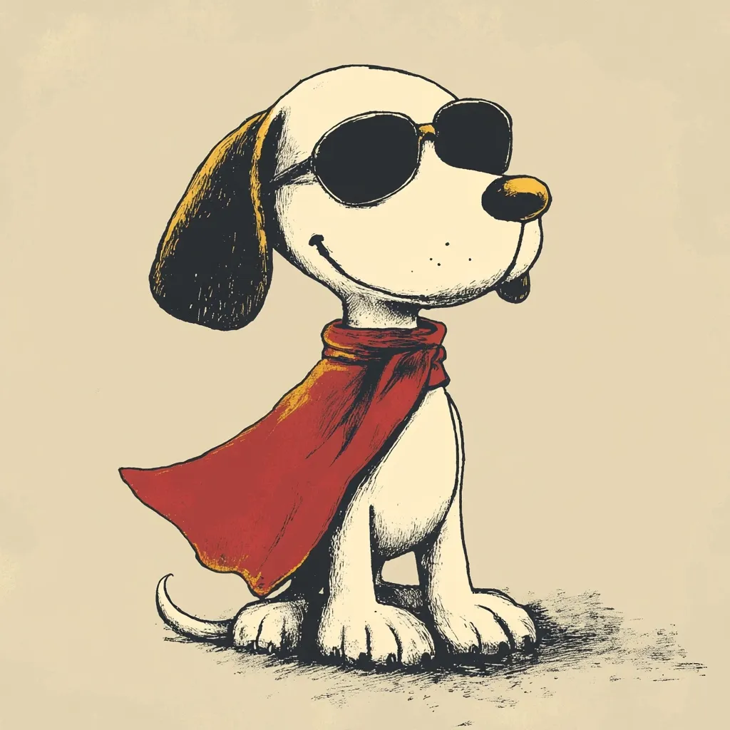A charming illustration depicts a cartoon dog, reminiscent of Snoopy, sporting oversized sunglasses and a red cape.  The dog sits proudly, its expression cheerful and confident. The style is hand-drawn, with visible pen strokes adding texture and character to the image.  The color palette is muted, emphasizing the dog's playful yet sophisticated demeanor.  The overall effect is one of whimsical charm and understated coolness.