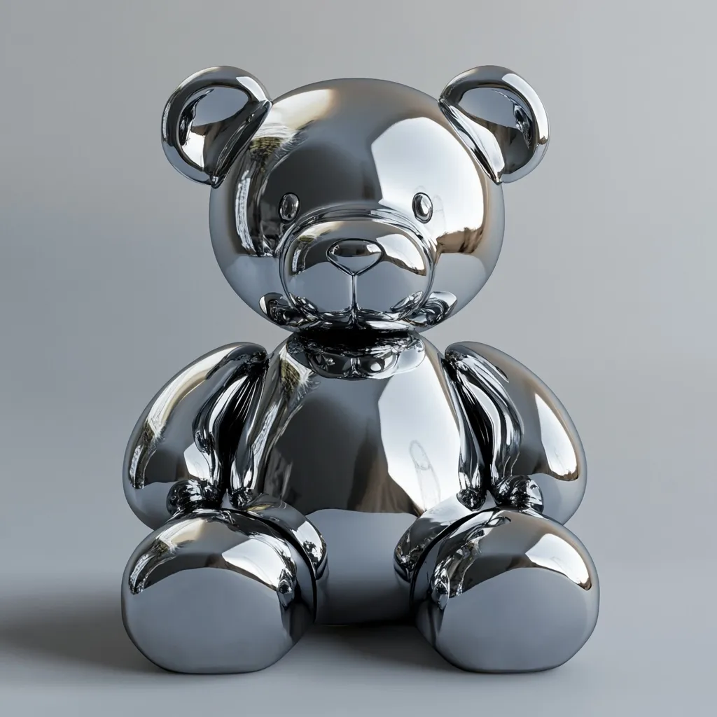 A chrome teddy bear sits on a grey surface.  Its highly polished surface reflects the surrounding environment.  The bear is smooth and rounded, with a simplistic design. The metallic sheen gives it a modern, almost futuristic appearance, contrasting with the traditional teddy bear form. The overall impression is one of sleek sophistication and unexpected material.