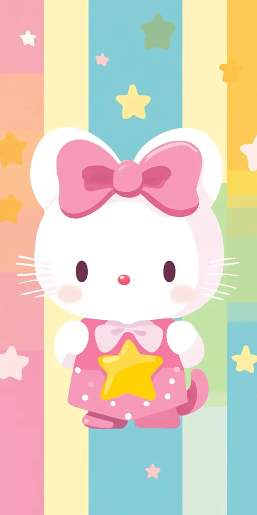 A cute cartoon cat character, reminiscent of Hello Kitty, is depicted against a pastel-colored striped background.  The cat is white with pink features, including a large bow, and holds a yellow star.  Small stars are scattered throughout the background, enhancing the whimsical and playful aesthetic. The overall style is sweet and charming, perfect for children's products or stationery.