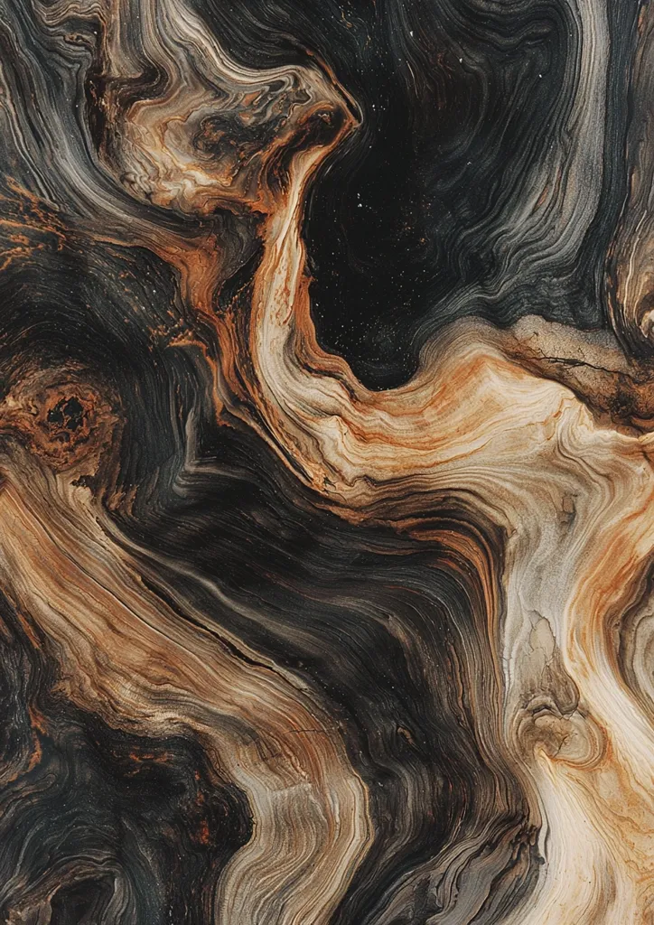 The image showcases a mesmerizing abstract pattern reminiscent of swirling wood grain.  Dark browns and blacks dominate, punctuated by lighter, sandy beige and orange tones.  The lines are fluid and dynamic, creating a sense of depth and movement.  The overall effect is one of organic beauty and captivating texture, resembling a marbled stone or richly veined wood.