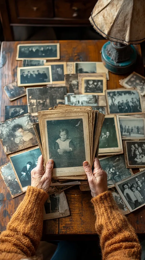 An elderly person's hands gently hold a stack of aged photographs, their wrinkled skin contrasting with the warm orange of their sweater.  Surrounding them on a wooden table are numerous other antique photos, creating a collage of memories and family history. The images are black and white, evoking a sense of nostalgia and the passage of time. A dim light from an old lamp adds to the vintage ambiance.