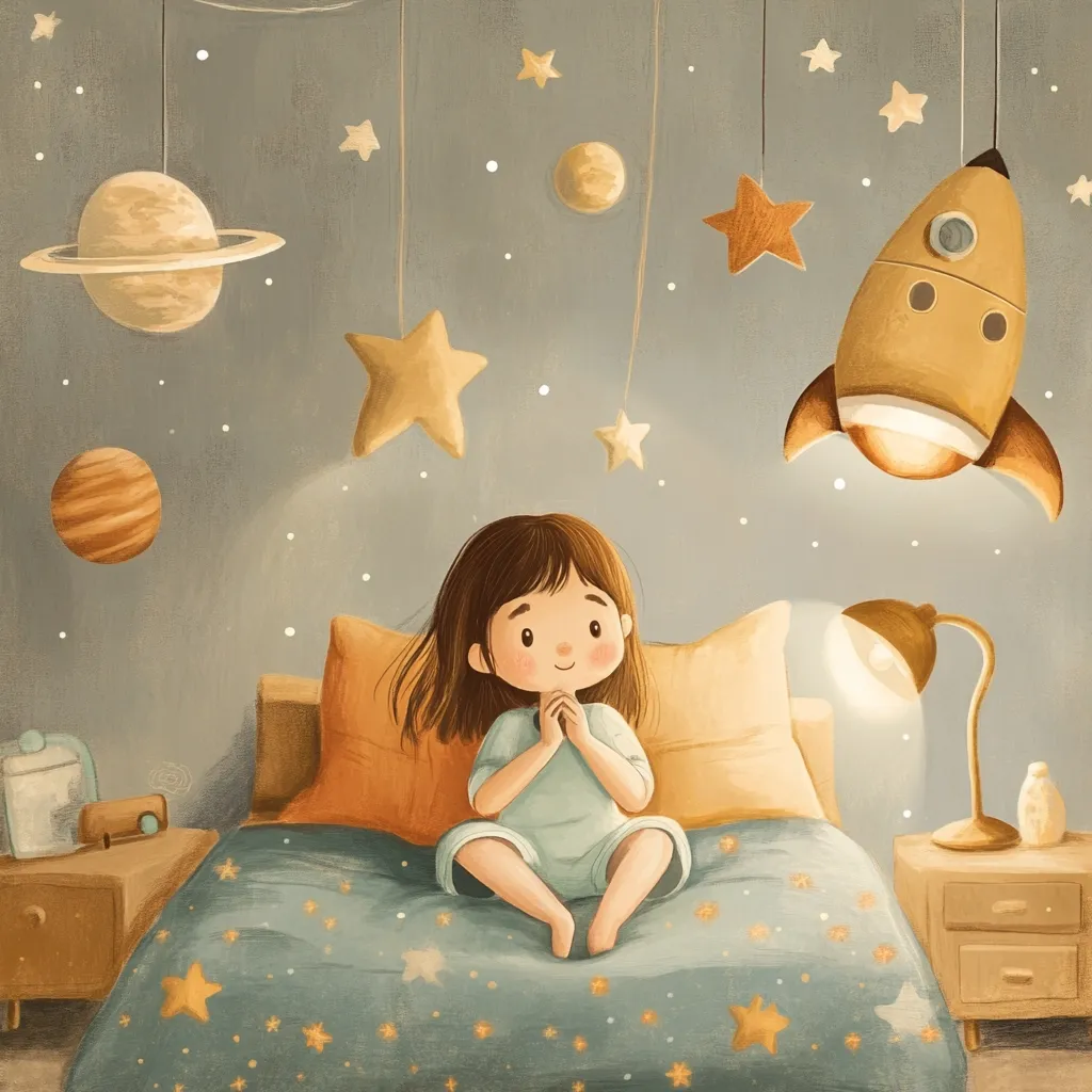 A little girl sits in bed, hands clasped, gazing at a whimsical nightlight shaped like a rocket ship.  The room is decorated with a celestial mobile featuring planets and stars, creating a dreamy, peaceful bedtime scene.  Soft lighting and warm colors enhance the comforting atmosphere of the illustration.