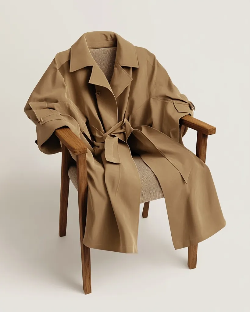 A light brown trench coat is draped over a simple wooden chair. The coat is belted and has a classic collar.  The chair is a light wood tone, and the overall aesthetic is minimalist and elegant. The image is clean and well-lit, highlighting the texture and drape of the coat.