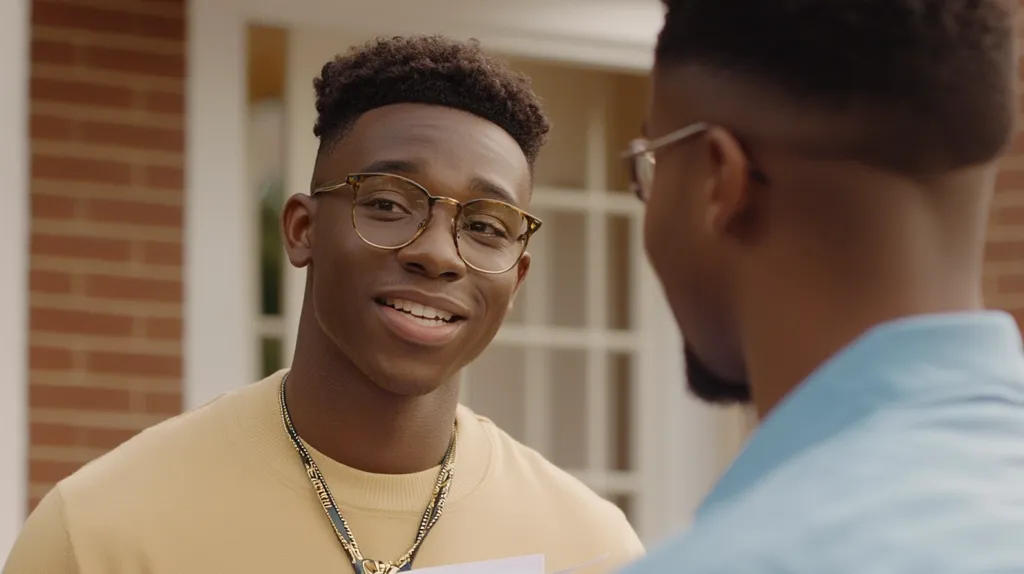 Two young Black men stand outside a brick house, engaged in conversation.  One, wearing glasses and a beige shirt, smiles warmly.  The other, wearing a light blue shirt, partially visible, listens attentively.  The scene suggests a friendly interaction, possibly between friends or family.  The atmosphere is relaxed and positive.