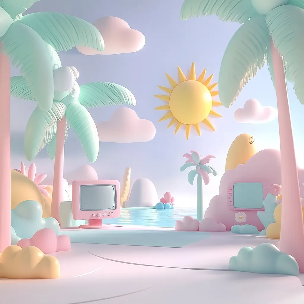 A pastel-colored 3D rendering depicts a whimsical beach scene.  Soft pink and mint green palm trees surround a calm turquoise pool.  Cartoonish clouds and a sun add to the dreamy atmosphere.  Retro-style television sets are integrated into the landscape, enhancing the playful, surreal quality of the image. The overall aesthetic is light, airy, and charming.