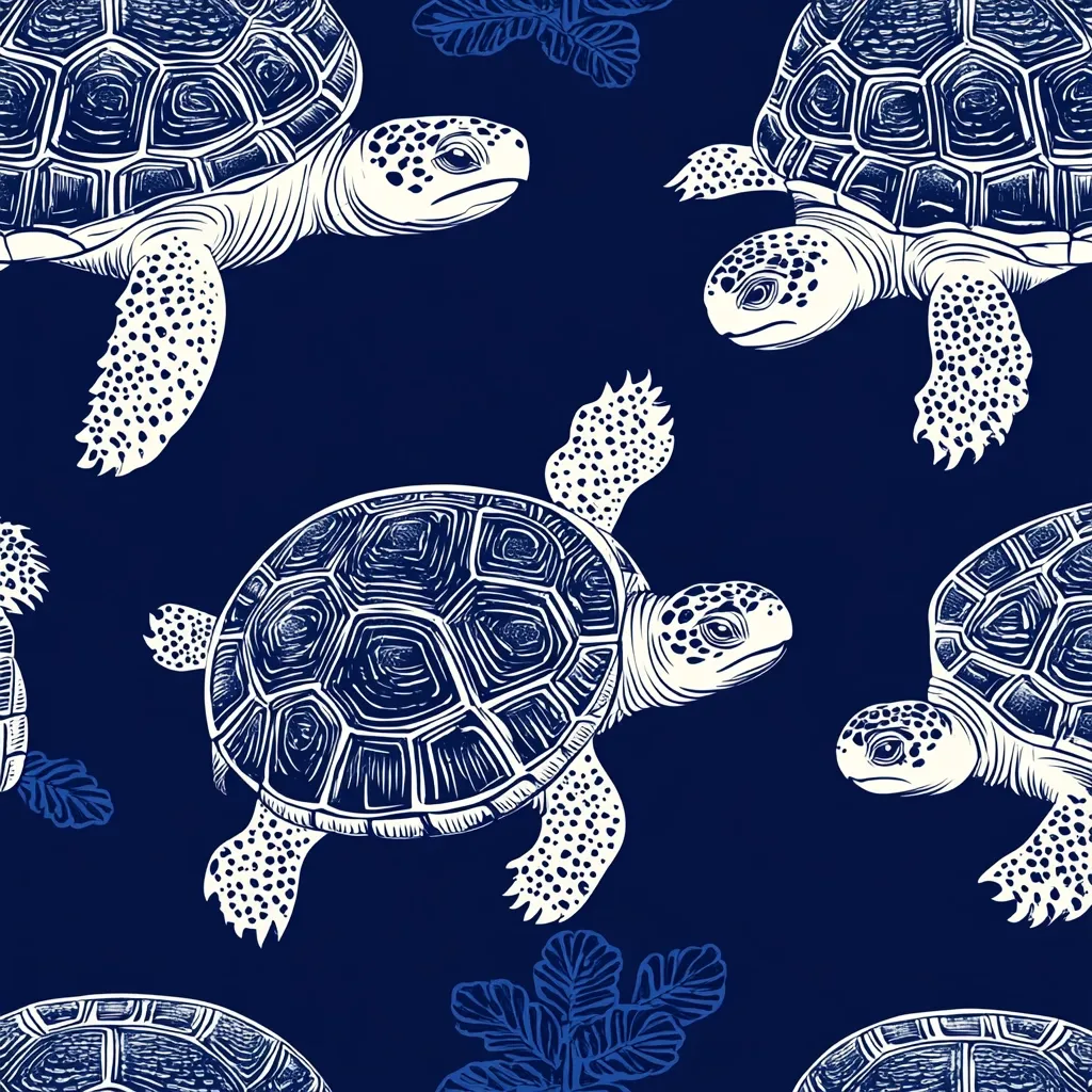 A navy blue background features a repeating pattern of intricately detailed, white sea turtles.  The turtles are depicted in a stylized, almost woodcut-like manner, with their shells and limbs showing distinct markings.  Small, stylized aquatic plants are interspersed between the turtles, adding to the nautical theme. The overall style is elegant and reminiscent of vintage illustrations.