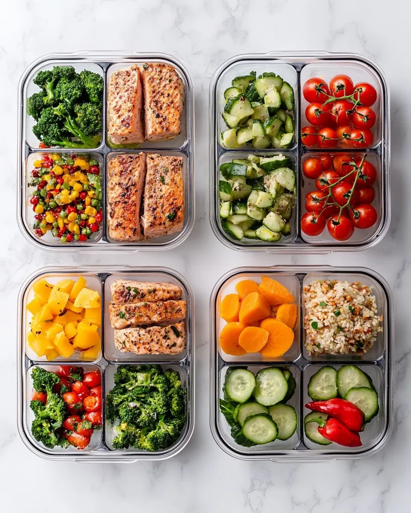 Four clear, divided food containers hold healthy, pre-portioned meals.  Each container features grilled salmon or chicken, alongside a variety of vegetables like broccoli, zucchini, carrots, and cherry tomatoes.  Additional components include a colorful corn and pea salad and a grain-based side dish.  The meals appear ready for convenient and nutritious consumption.