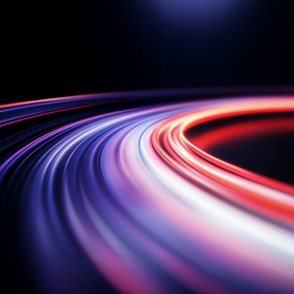 An abstract image depicting vibrant streaks of light, predominantly purple, red, and white, curving in a circular motion against a dark background.  The effect suggests speed and movement, possibly representing a light trail or a fast-moving vehicle. The colors are intense and blend smoothly, creating a dynamic and energetic visual.