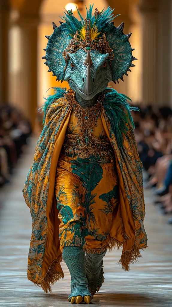 A majestic figure, resembling a dinosaur, strides down a runway.  Its teal head is adorned with a vibrant headdress of feathers and jewels.  An opulent gold and teal robe, richly embroidered, flows behind it.  The overall effect is one of regal grandeur and fantastical elegance, creating a captivating spectacle. The background is blurred, focusing attention on the costumed model.