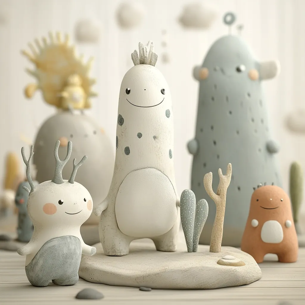 A charming collection of whimsical creatures, crafted from clay, stand on a light-colored base.  A central, speckled, white monster with a crown-like headpiece is flanked by smaller, equally adorable figures, including one with antlers.  Other fantastical forms, resembling trees and planets, complete the serene, miniature landscape.  The overall aesthetic is soft, muted, and endearingly quirky.