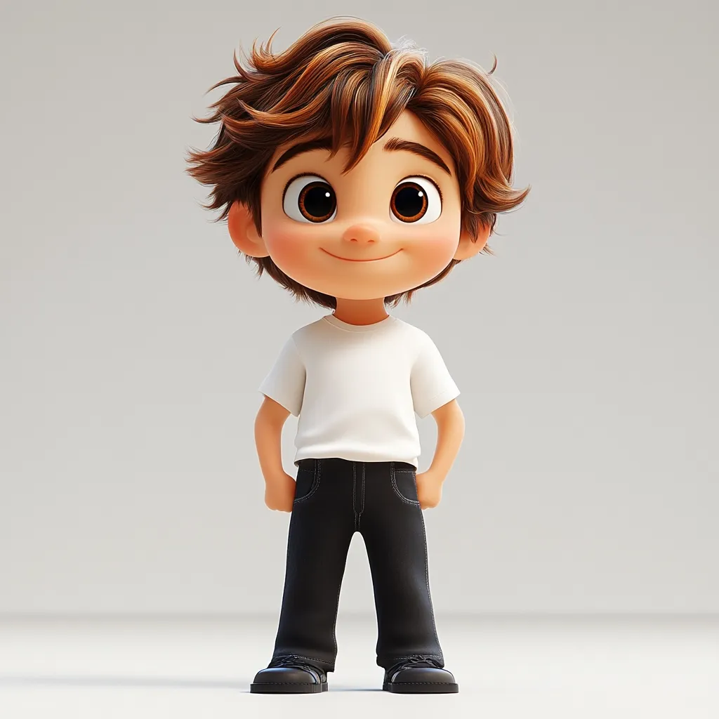 An adorable 3D-rendered cartoon boy stands with a cheerful expression.  He has tousled brown hair, large expressive eyes, and wears a simple white t-shirt and dark pants. His hands are casually placed in his pockets, and he is depicted against a plain light grey background. The overall style is cute and friendly.