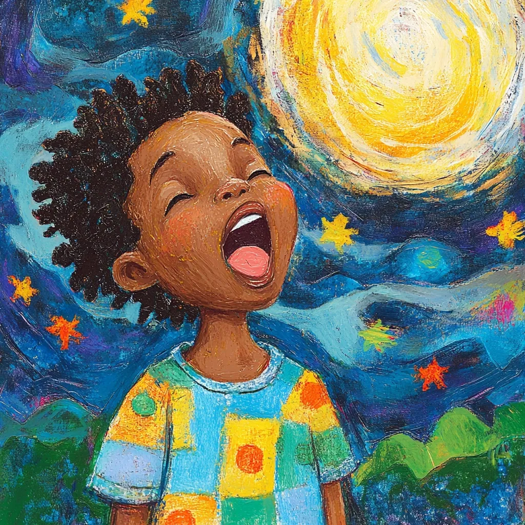 A young Black child with curly hair, wearing a colorful patchwork shirt, joyfully sings with their eyes closed against a vibrant night sky.  The backdrop features a large, luminous yellow sun or moon and swirling blues, purples, and greens, dotted with stars. The child's expression is one of pure, unrestrained happiness. The painting style is textured and expressive, reminiscent of children's book illustration.