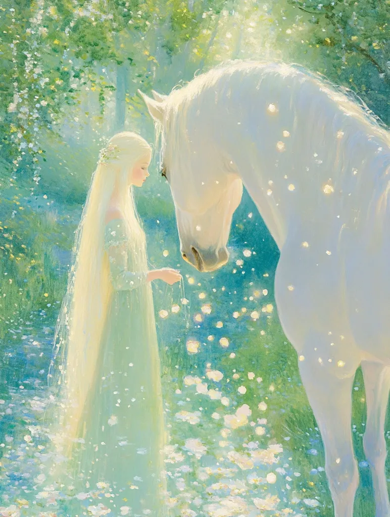 A serene painting depicts a young woman with long blonde hair, wearing a flowing light green gown, standing in a sun-dappled forest beside a majestic white horse.  The ethereal scene is filled with soft light and delicate, floating blossoms. The woman and horse are positioned close, sharing a quiet moment of peaceful connection.  The overall mood is dreamy and magical.