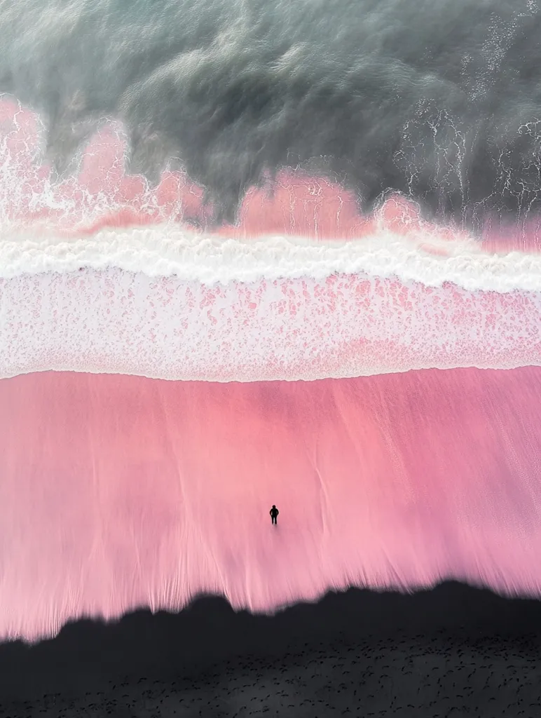 An aerial shot captures a breathtaking coastal scene.  White waves gently caress a vibrant pink sand beach, which in turn meets a dark, black shoreline dotted with footprints. A solitary figure stands on the pink sand, providing a sense of scale and isolation against the dramatic natural beauty. The contrast of colors and textures creates a stunning visual impact.