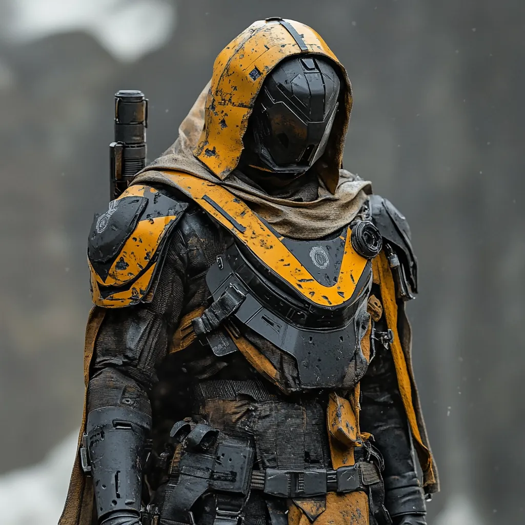 A futuristic soldier, cloaked in a weathered, yellow and black armored suit, stands against a blurred background.  The suit shows signs of wear and battle, with dirt and grime evident.  A dark hooded cloak covers the head, concealing the face except for a technologically advanced helmet.  The soldier carries a weapon affixed to their back. The overall aesthetic blends futuristic technology with a sense of gritty realism.