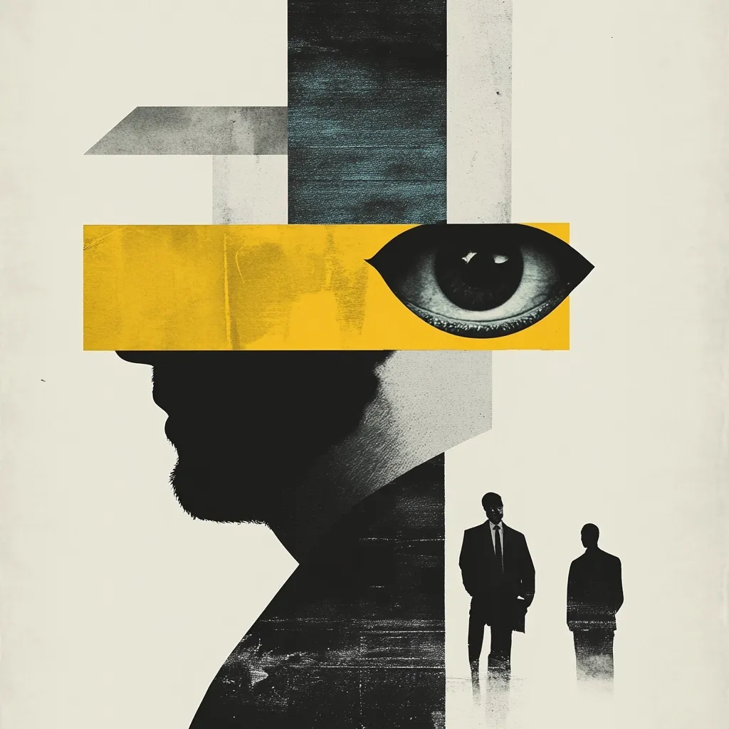 A stylized collage depicts a man's profile partially obscured by a bold yellow rectangle and a large eye.  Geometric shapes in gray and dark teal create a fragmented background. Two silhouetted men stand in the lower right, suggesting observation or surveillance. The overall mood is one of mystery and hidden observation, possibly alluding to themes of privacy and control.