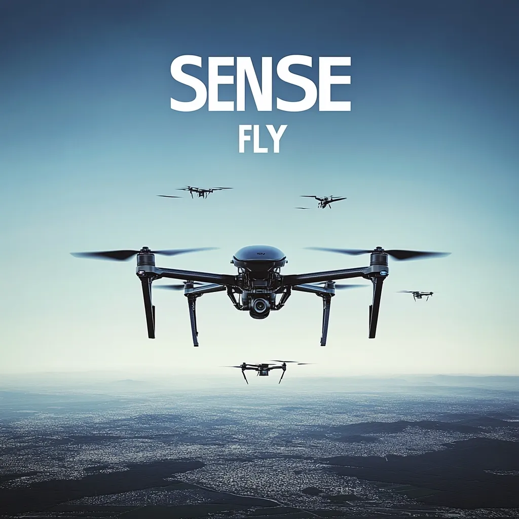 A large drone leads a formation of smaller drones in flight over a sprawling cityscape.  The words "SENSE FLY" are prominently displayed above. The image conveys a sense of advanced technology, surveillance, or coordinated aerial operations.  The sky is a soft blue, providing a stark contrast to the dark drones and urban landscape below.