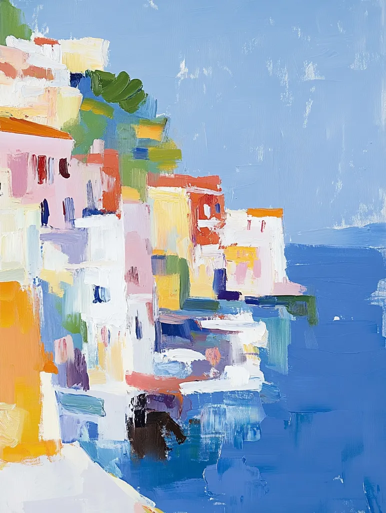 A vibrant, impressionistic painting depicts a coastal scene.  Brightly colored buildings, rendered in loose brushstrokes of pink, orange, and yellow, cling to a hillside overlooking a deep blue sea.  The style is expressive, prioritizing color and texture over precise detail, creating a feeling of warmth and sunshine.  Green foliage is visible amidst the architecture, suggesting a Mediterranean or similar setting. The overall effect is cheerful and evocative of a sunny seaside town.