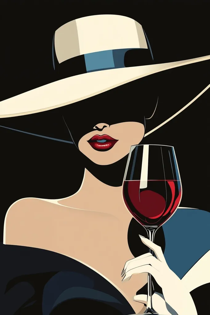 A stylized illustration of a woman in a large, brimmed hat.  Her face is partially obscured by the hat, only her lips and eyes are visible.  She holds a glass of red wine, her hand elegantly grasping the stem. The overall style is reminiscent of vintage fashion illustrations, with bold lines and contrasting colors against a dark background. The image evokes a sense of mystery and sophistication.