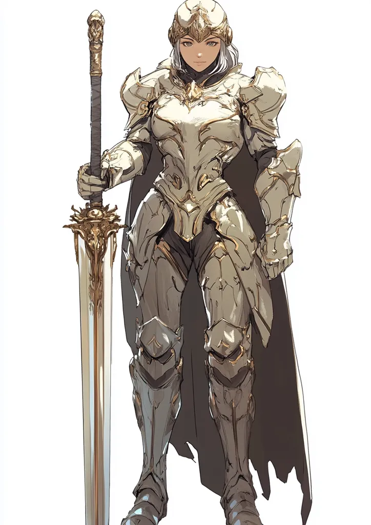 A female knight stands tall, clad in ornate, light beige armor adorned with gold accents.  Her helmet is closed, and she holds a large, similarly decorated sword. The armor is detailed, showcasing intricate designs and a flowing cape drapes partially behind her. The overall style is reminiscent of fantasy art, with a focus on the character's imposing yet elegant appearance.
